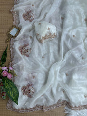 Off White Beads Cutdana Work Saree Fendy Satin KS412 – view 7