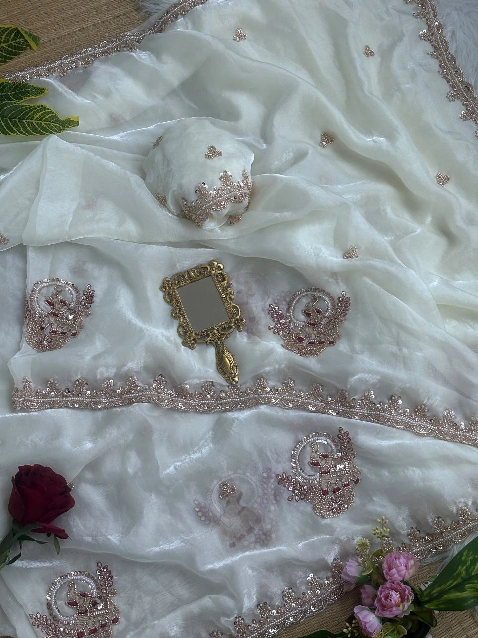 Off White Beads Cutdana Work Saree Fendy Satin KS412 – view 8