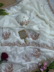 Off White Beads Cutdana Work Saree Fendy Satin KS412 – view 8