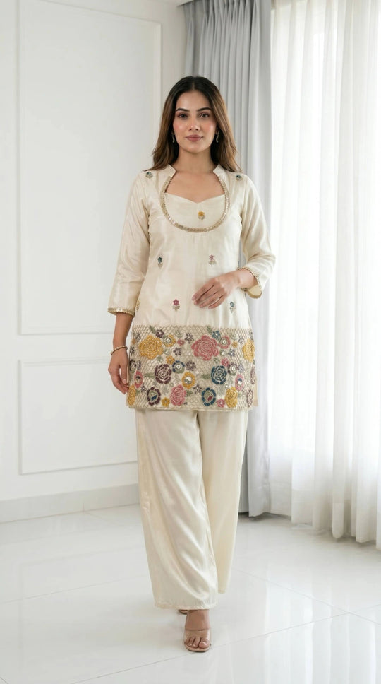 Off White Embroidered Beads and Kardana Work Suit with straight pants, front view