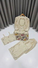 Off White Embroidered Beads and Kardana Work Suit set with inner top and pant