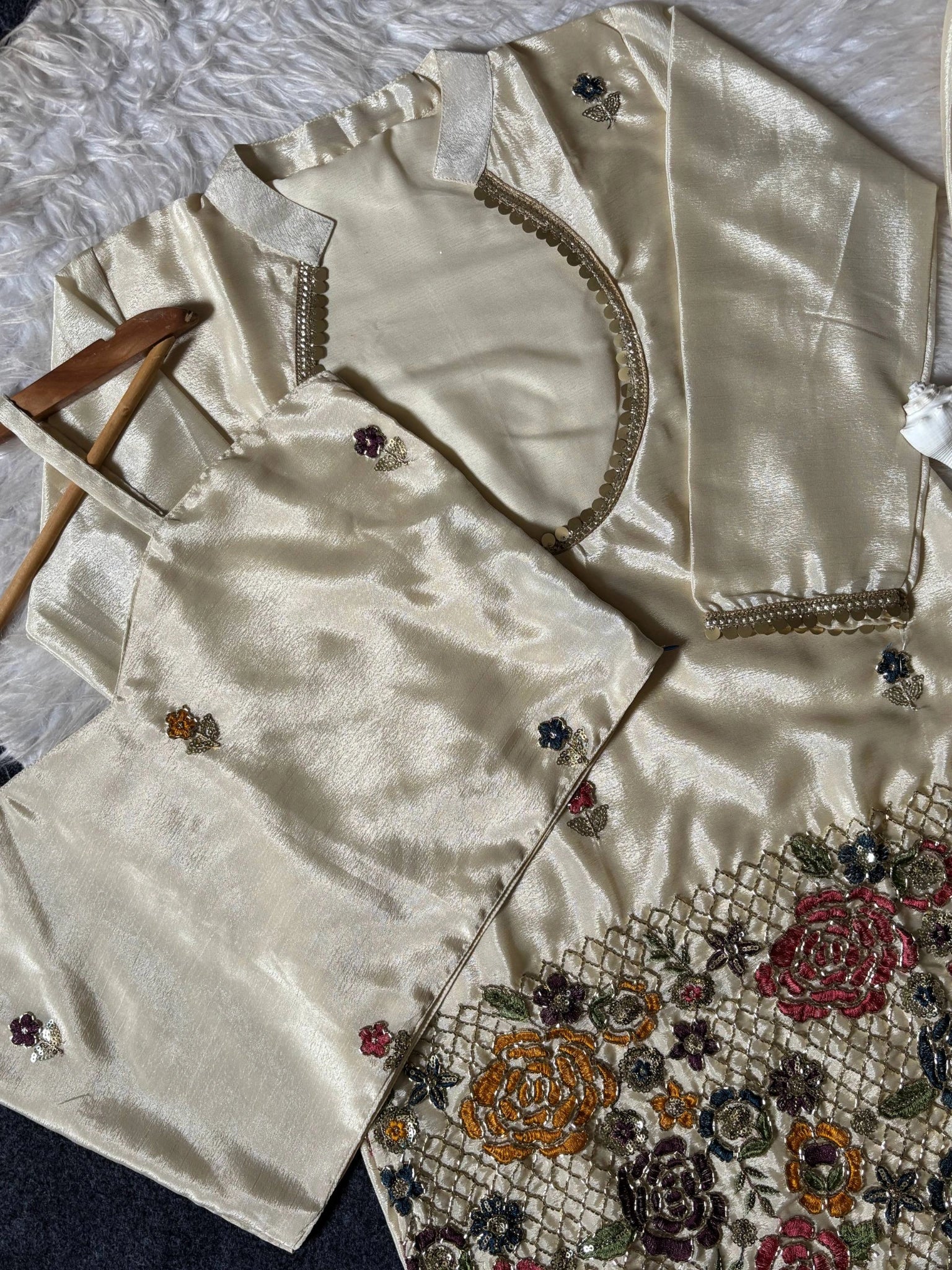Off White Embroidered Beads and Kardana Work Suit neckline and cuff detail