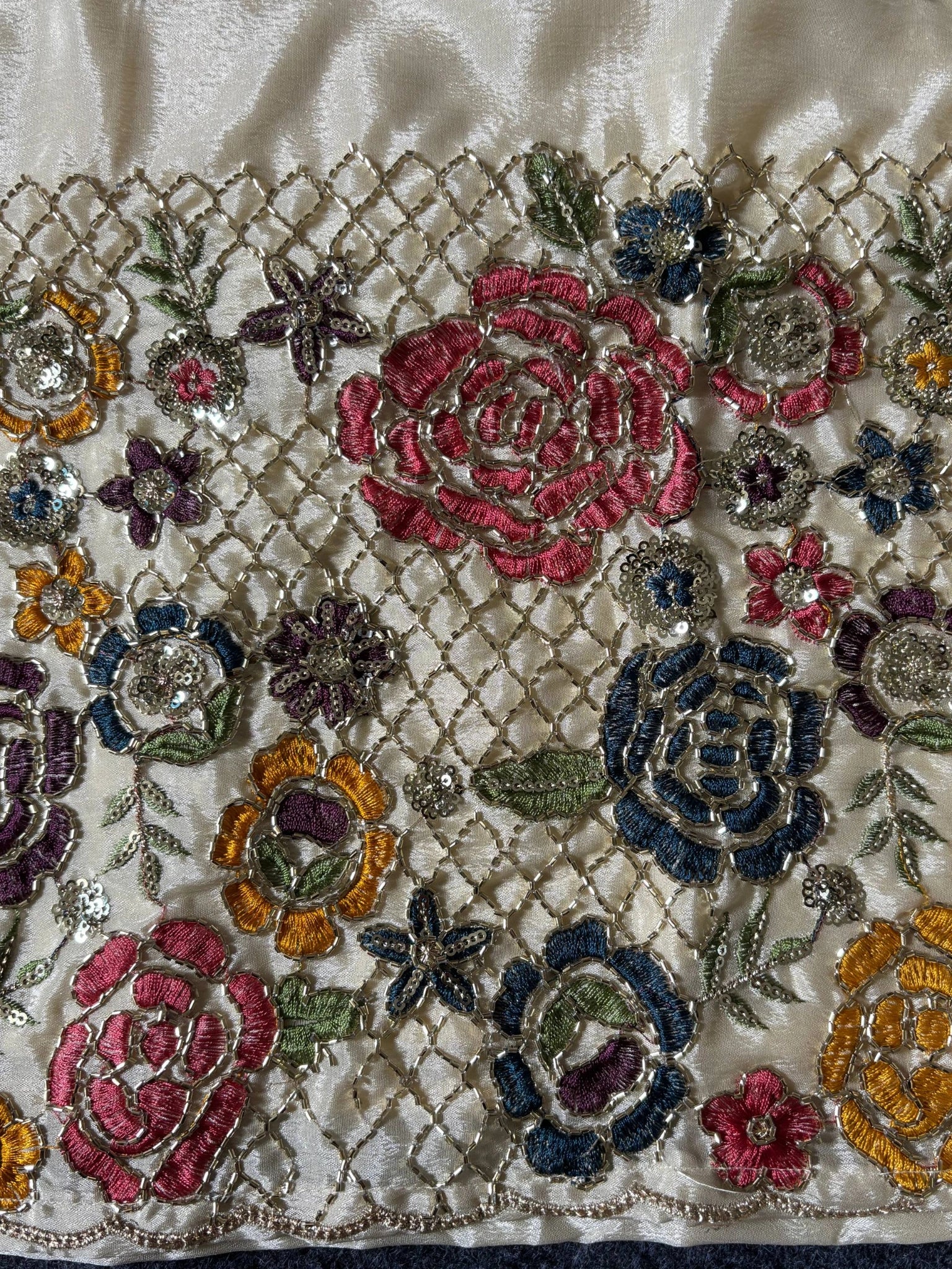 Off White Embroidered Beads and Kardana Work close-up of rose embroidery