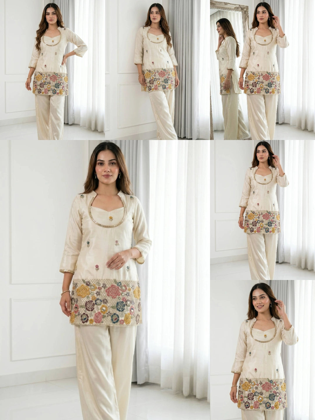 Off White Embroidered Beads and Kardana Work Suit styling collage
