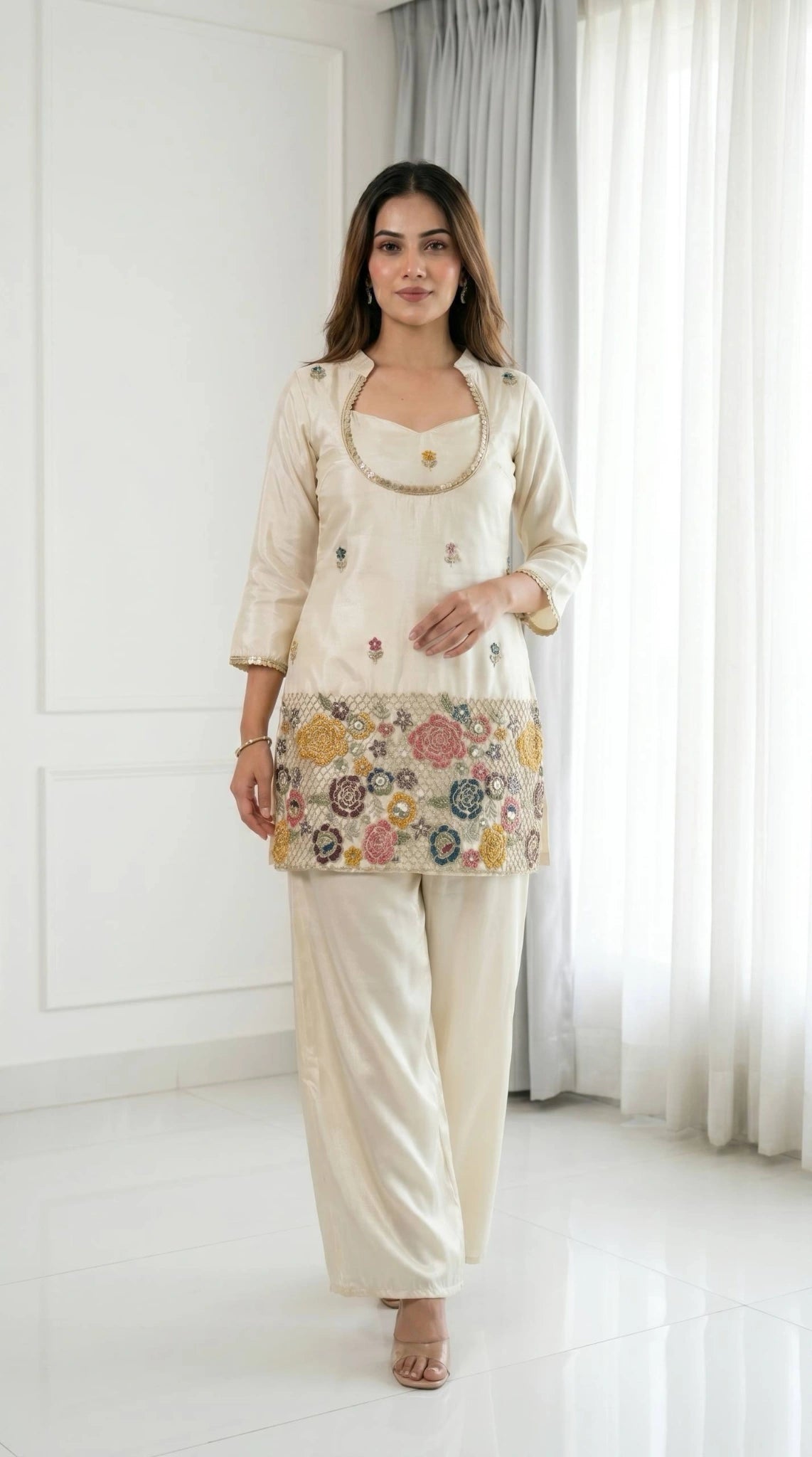Off White Embroidered Beads and Kardana Work Suit with straight pants, front view