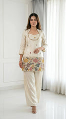 Off White Embroidered Beads and Kardana Work Suit with straight pants, front view
