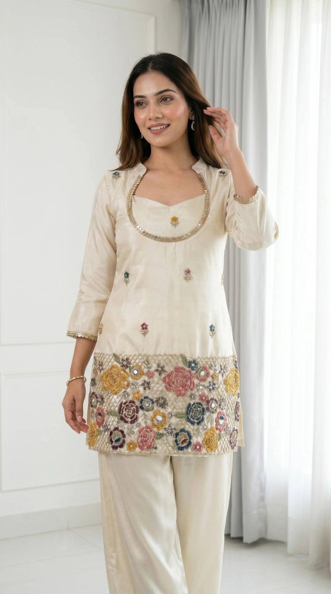 Off White shimmer chinon suit with floral beads and kardana hem work