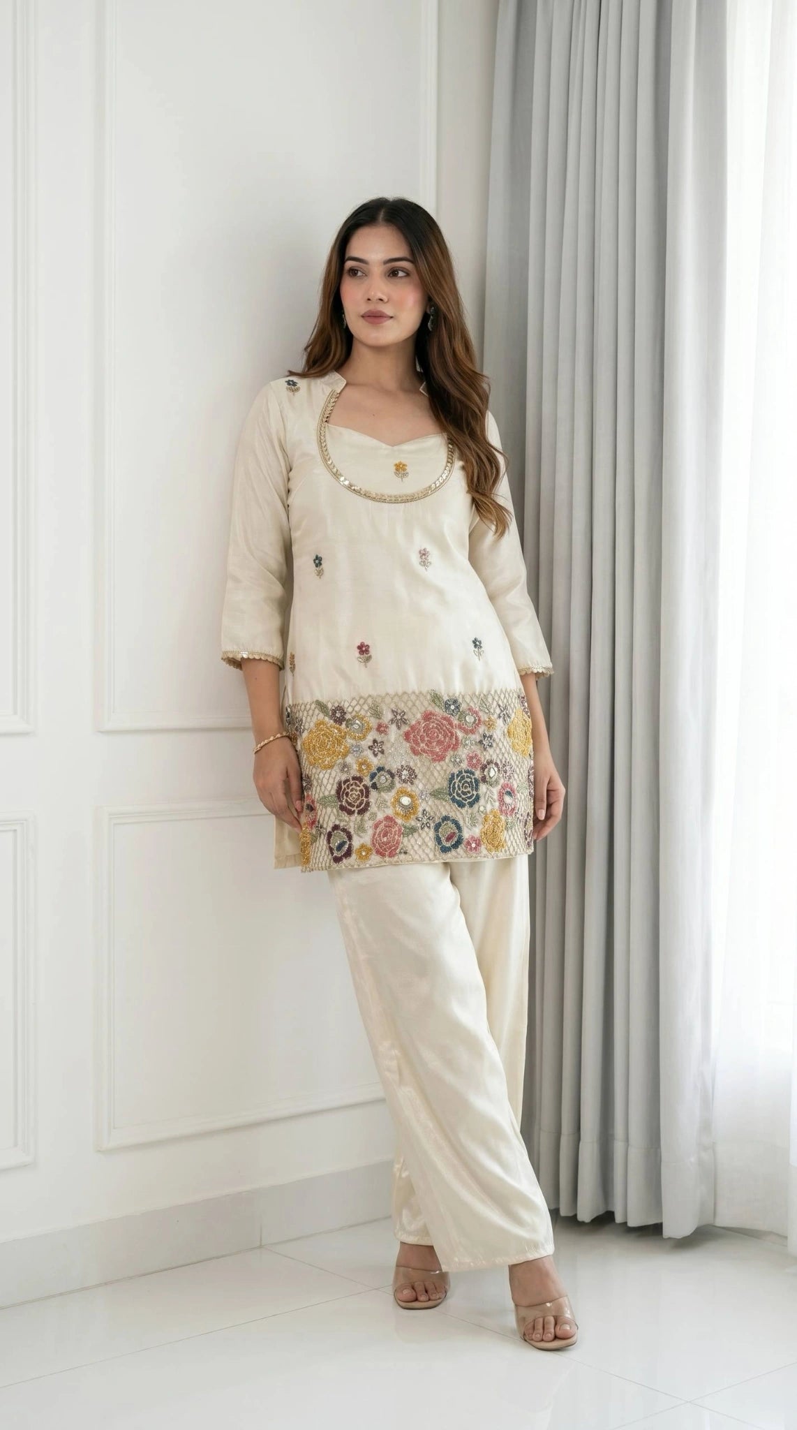 Off White Embroidered Beads and Kardana Work Suit 3/4th sleeve fancy neck