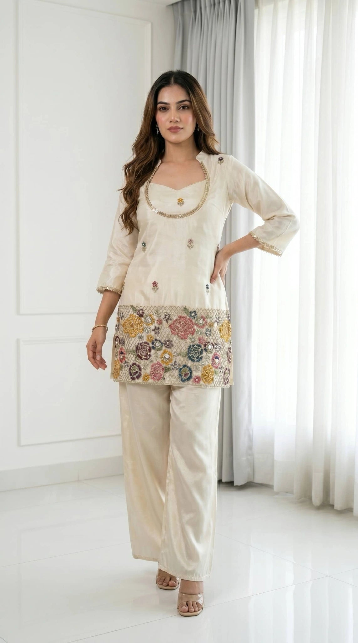 Off White Embroidered Beads and Kardana Work Suit styled on model