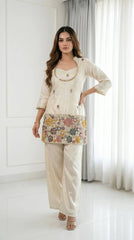 Off White Embroidered Beads and Kardana Work Suit styled on model
