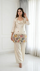 Off White Embroidered Beads and Kardana Work Suit with straight pant, standing look
