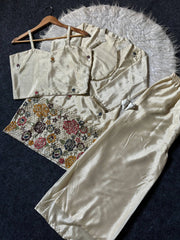 Off White shimmer chinon suit set flat lay with inner top and pant