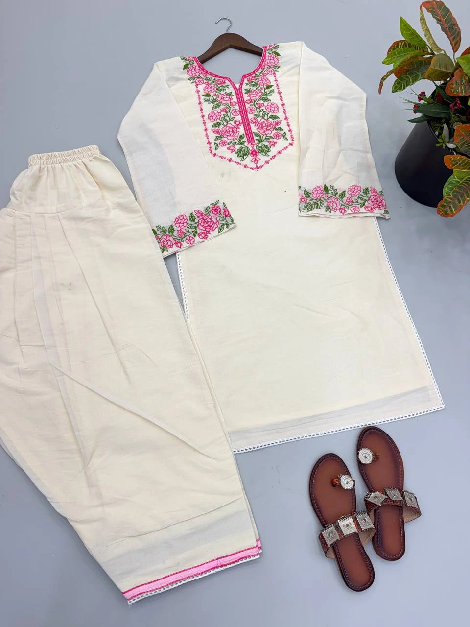 Off White Embroidered Coord Set Hanger Flat Lay Set View KC25
