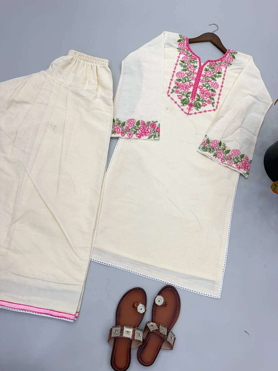 Off White Embroidered Coord Set Both Pieces Flat Lay KC25