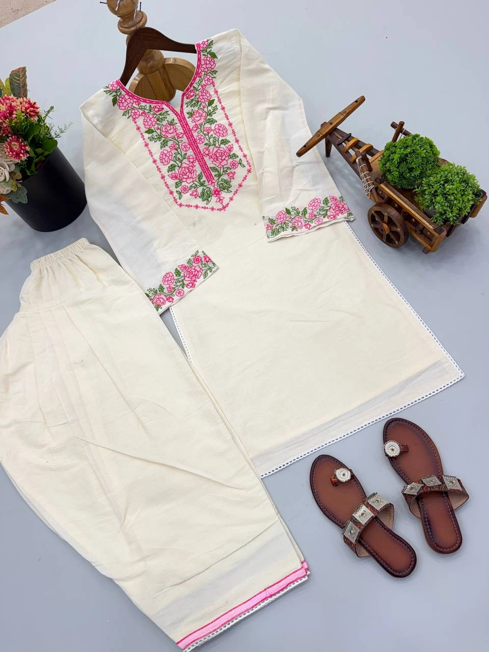 Off White Embroidered Coord Set Clean Flat Lay Juttis KC25