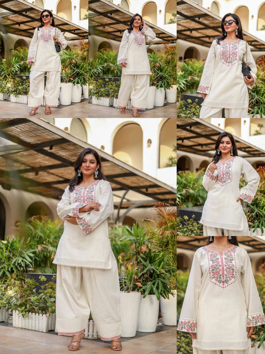 Off White Embroidered Coord Set Multiple Looks Collage KC25