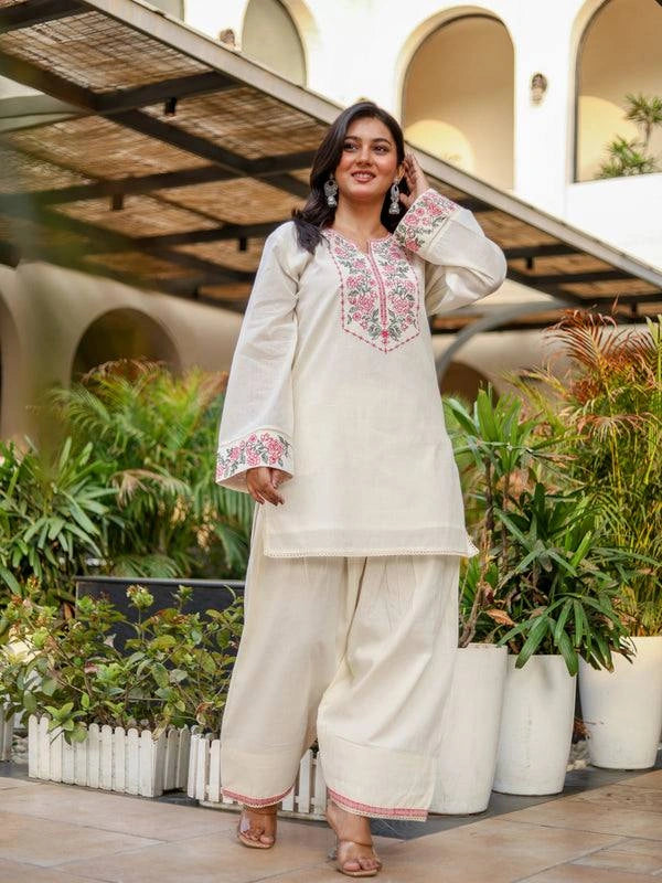 Off White Embroidered Coord Set Khadi Cotton Full Front View KC25