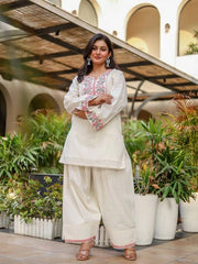 Off White Embroidered Coord Set Floral Top Straight Pant Front KC25