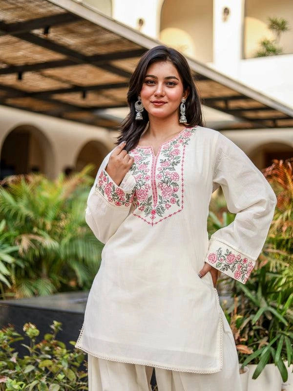 Off White Embroidered Coord Set Khadi Cotton Smiling Model KC25