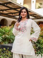 Off White Embroidered Coord Set Khadi Cotton Smiling Model KC25