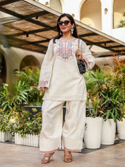 Off White Embroidered Coord Set Casual Outfit Full Length KC25