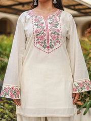 Off White Embroidered Coord Set Floral Yoke Cuff Close-Up KC25