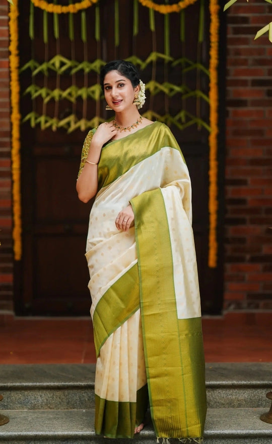 Off White Jacquard Work Saree Soft Lichi Silk Blend KS414 – full length view