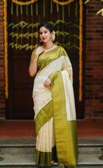 Off White Jacquard Work Saree Soft Lichi Silk Blend KS414 – full length view