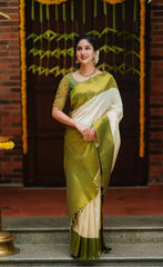 Off White Jacquard Work Saree Soft Lichi Silk Blend KS414 – model draped