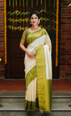 Off White Jacquard Work Saree Soft Lichi Silk Blend KS414 – green contrast pallu