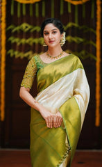 Off White Jacquard Work Saree Soft Lichi Silk Blend KS414 – zari border