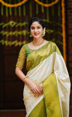 Off White Jacquard Work Saree Soft Lichi Silk Blend KS414 – pleats and pallu