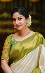 Off White Jacquard Work Saree Soft Lichi Silk Blend KS414 – close up