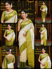 Off White Jacquard Work Saree Soft Lichi Silk Blend KS414 – all views