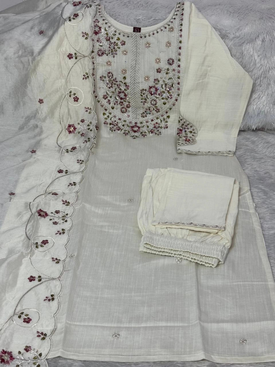 Off White Multi Thread Embroidered Kurti Marina Silk Blend KK110 - Flat Lay Detail