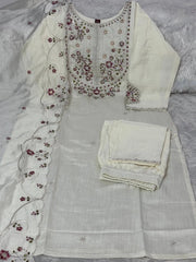 Off White Multi Thread Embroidered Kurti Marina Silk Blend KK110 - Flat Lay Detail