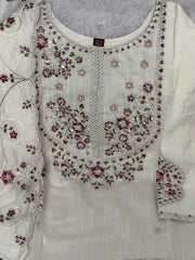 Off White Multi Thread Embroidered Kurti Marina Silk Blend KK110 - Flat Lay Set