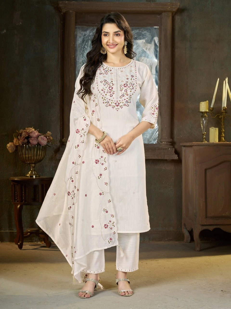 Off White Multi Thread Embroidered Kurti Marina Silk Blend KK110 - Front Full Length