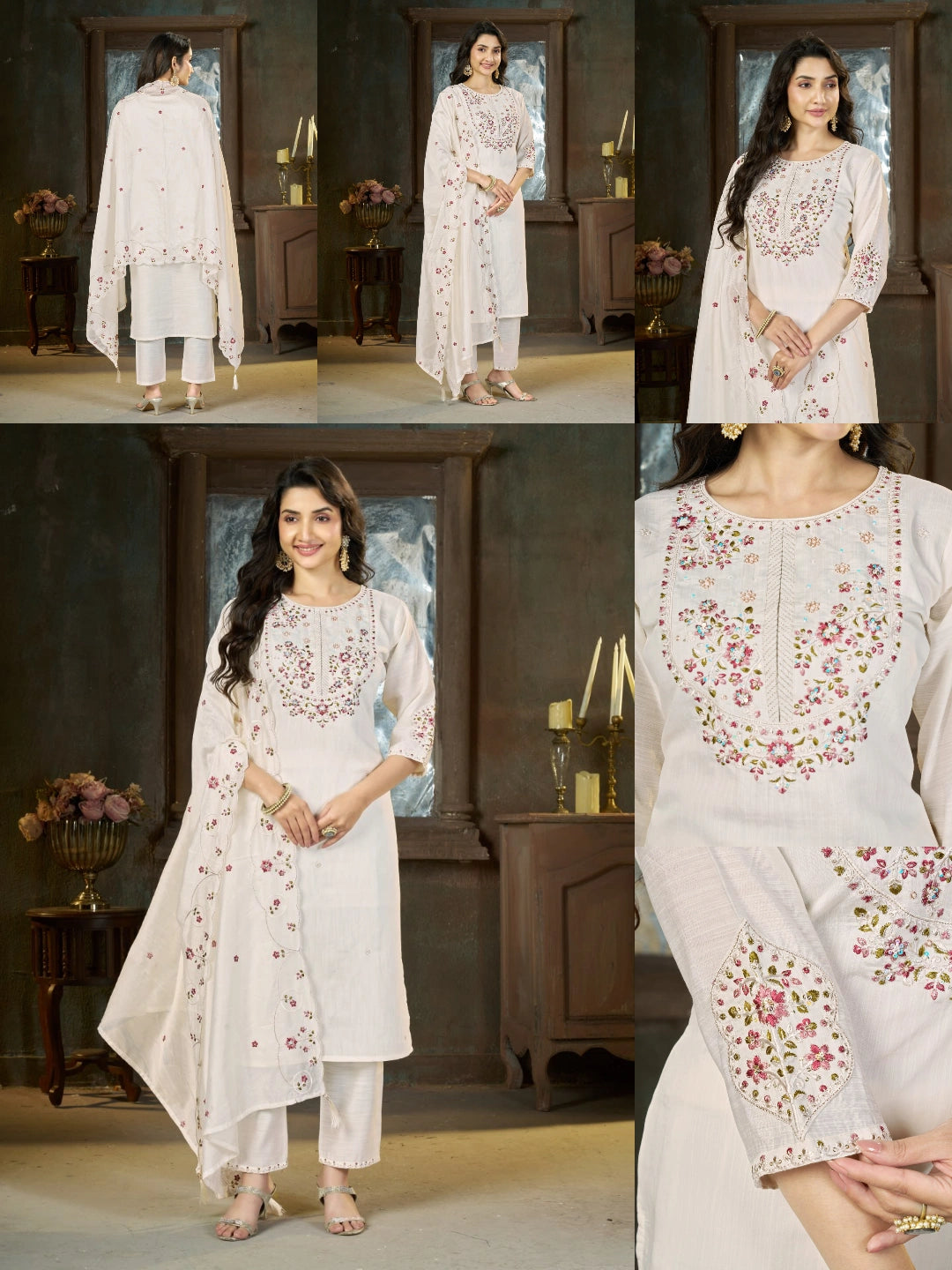 Off White Multi Thread Embroidered Kurti Marina Silk Blend KK110 - All Views
