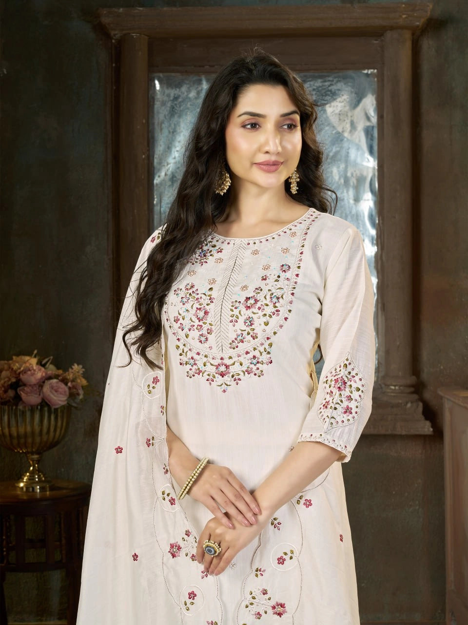 Off White Multi Thread Embroidered Kurti Marina Silk Blend KK110 - Upper Body with Dupatta