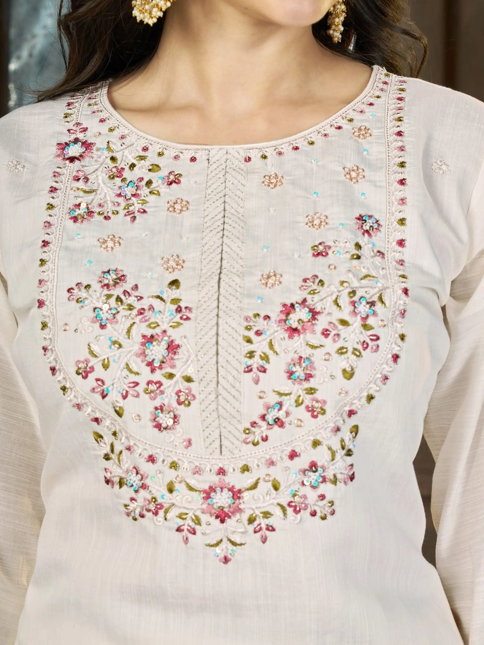 Off White Multi Thread Embroidered Kurti Marina Silk Blend KK110 - Neckline Embroidery Detail