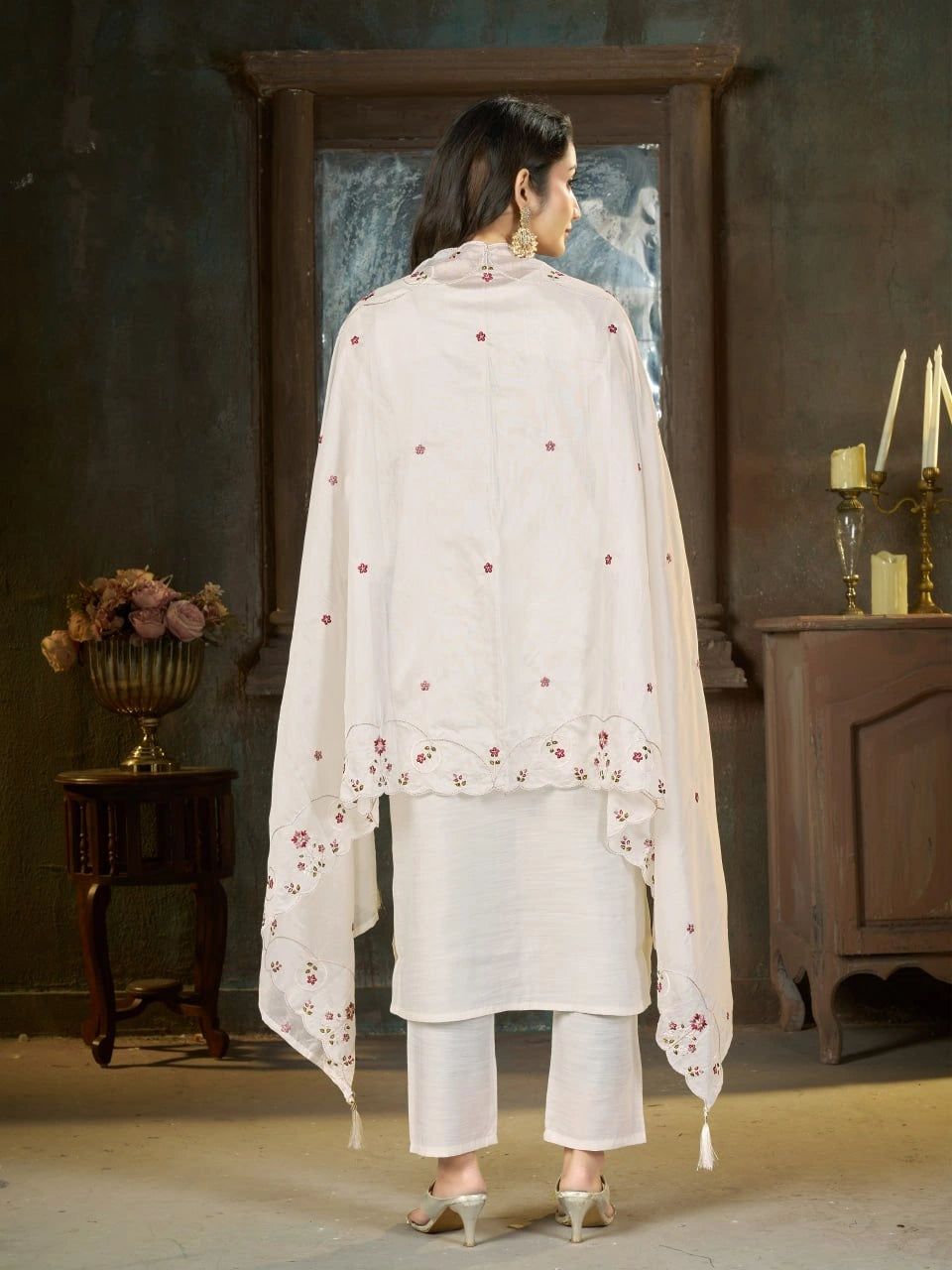 Off White Multi Thread Embroidered Kurti Marina Silk Blend KK110 - Style Shot
