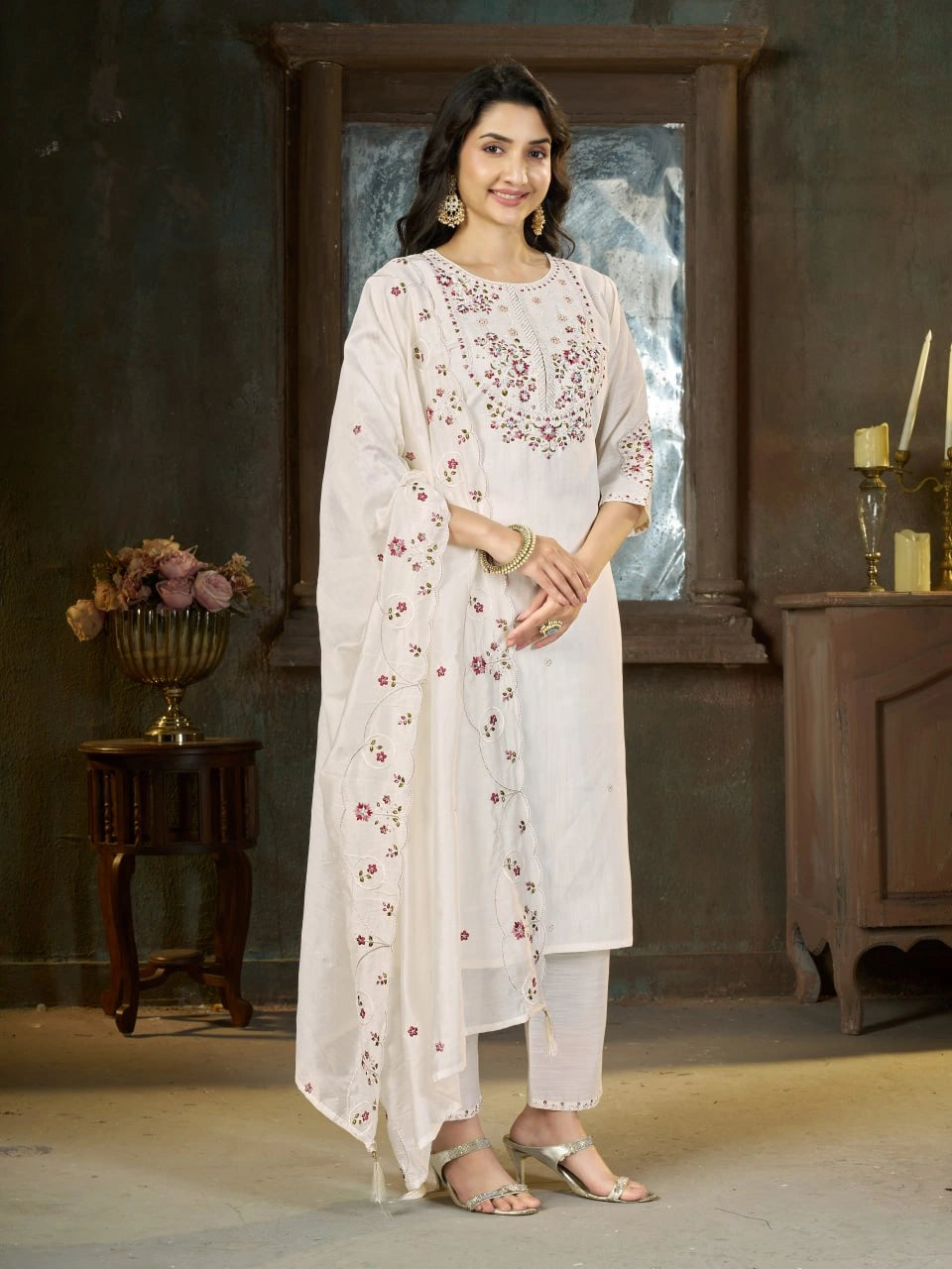 Off White Multi Thread Embroidered Kurti Marina Silk Blend KK110 - Back View
