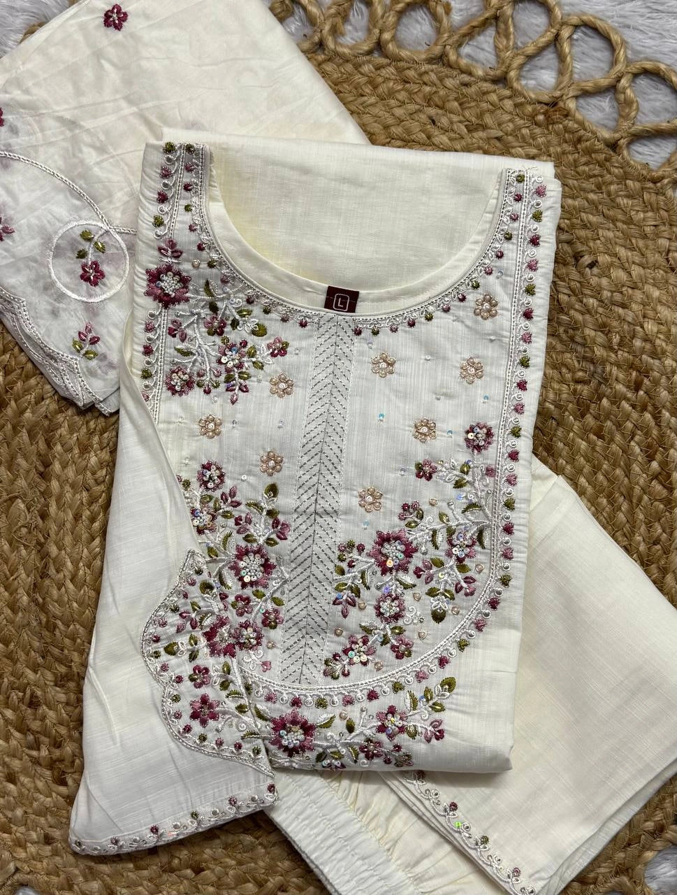 Off White Multi Thread Embroidered Kurti Marina Silk Blend KK110 - Detail View