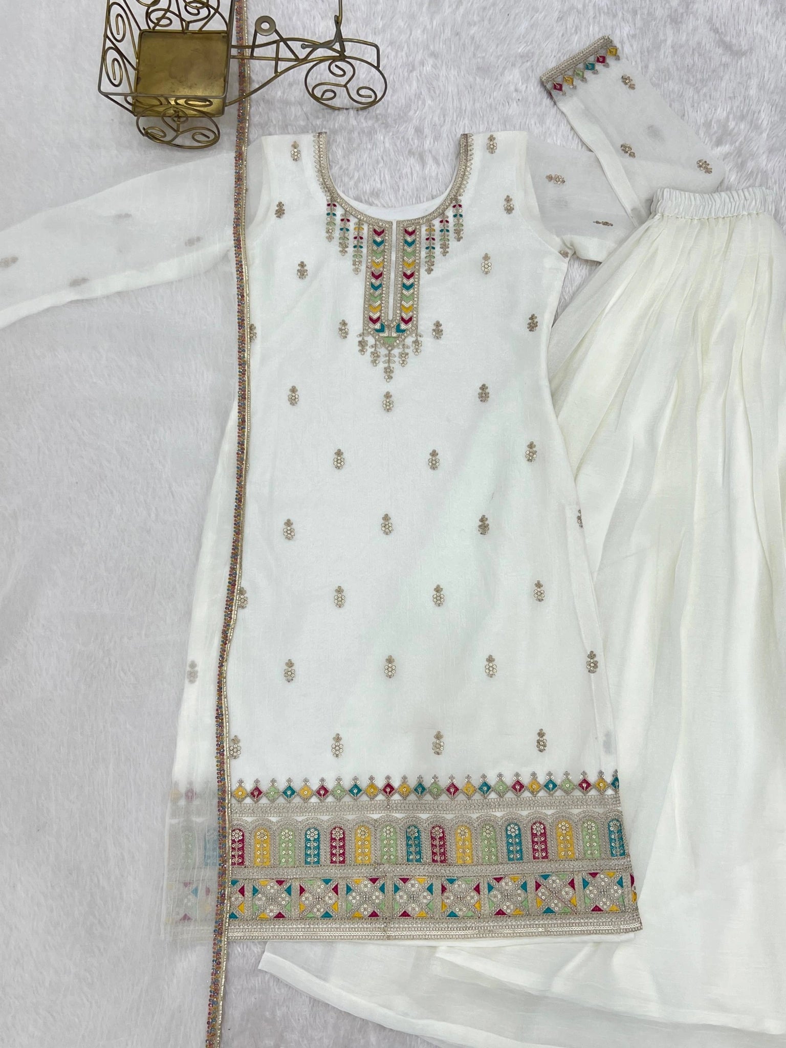 Off White Sequins Embroidered Suit flat lay with sharara