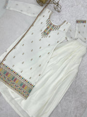 Off White Sequins Embroidered Suit kurta and sharara flat lay