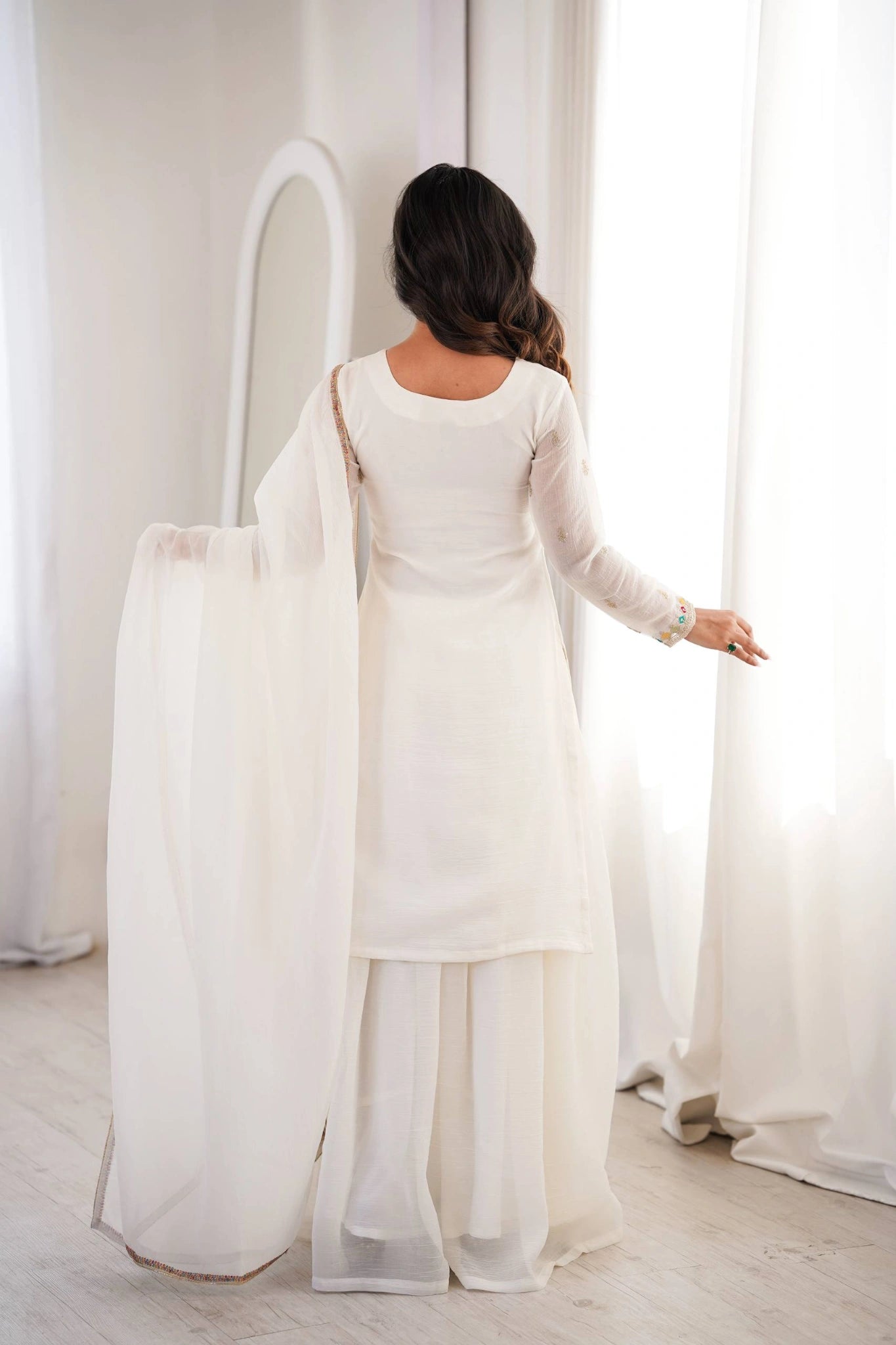 Off White Sequins Embroidered with Thread & Zari Work Suit back view