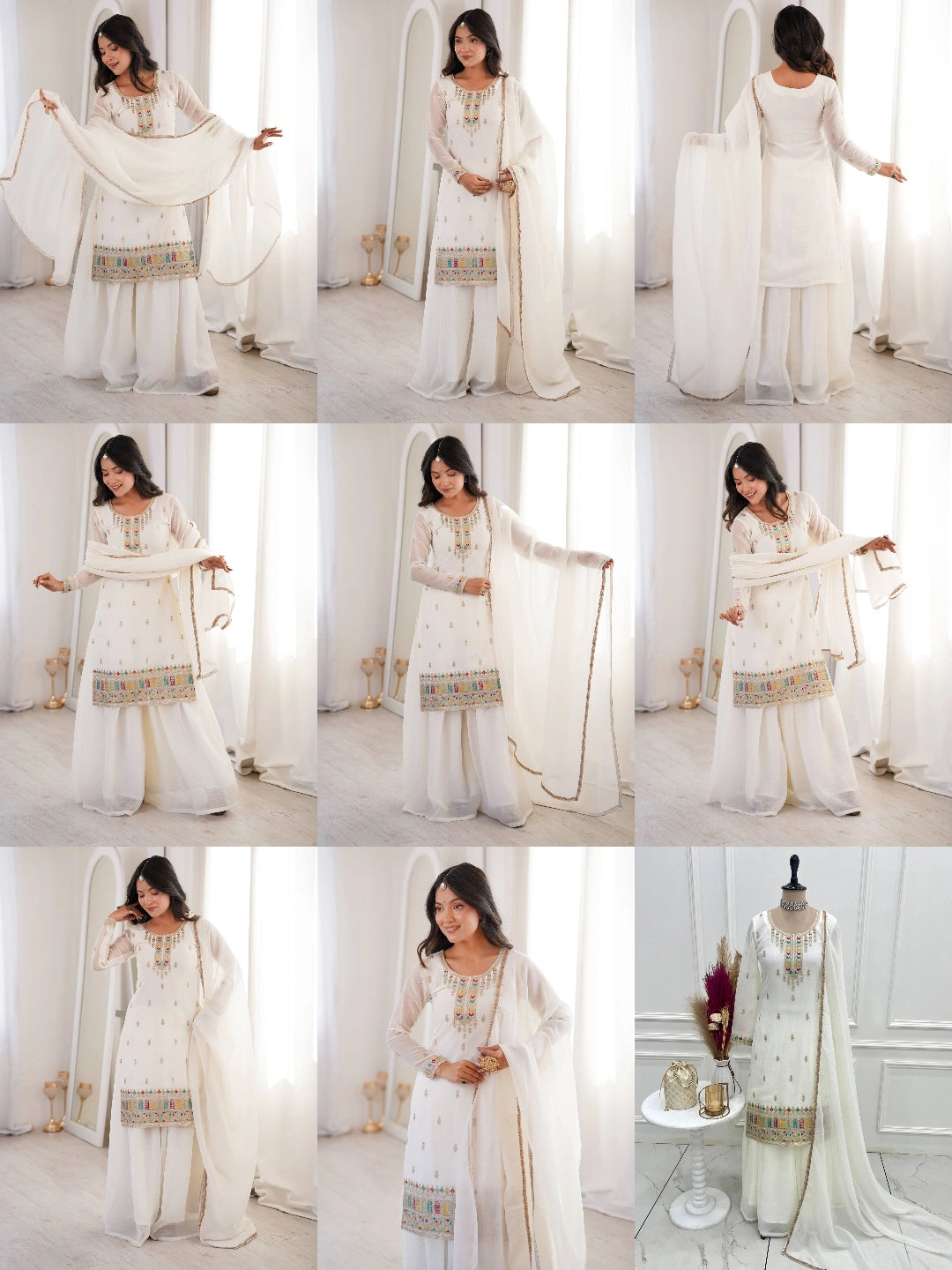 Off White Sequins Embroidered with Thread & Zari Work Suit styling collage