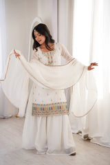 Off White Sequins Embroidered with Thread & Zari Work Suit with sharara and dupatta, front view