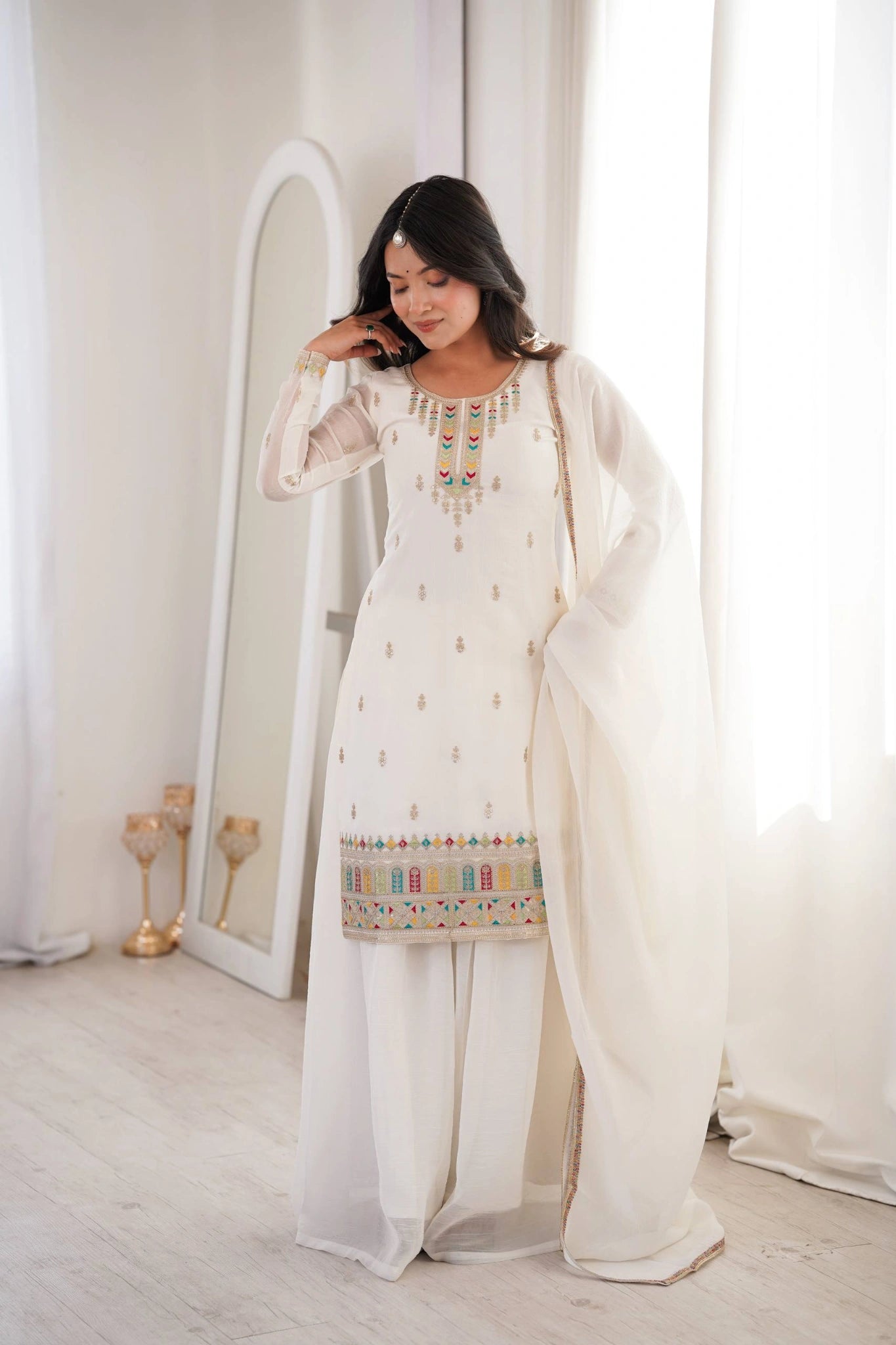 Off White crunchy silk sharara suit with lace border dupatta